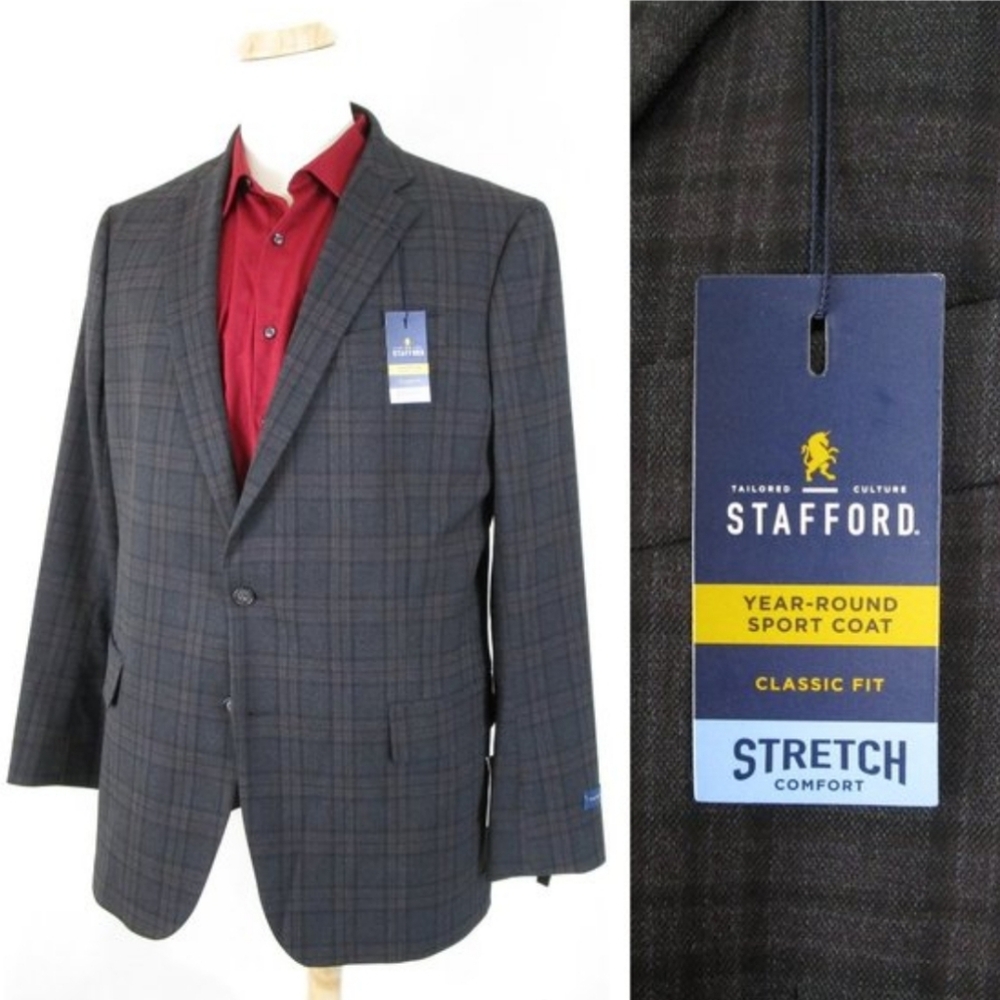 Stafford Mens Dark Gray Plaid Sport Coat Classic Fit 42L Blazer Jacket NWT